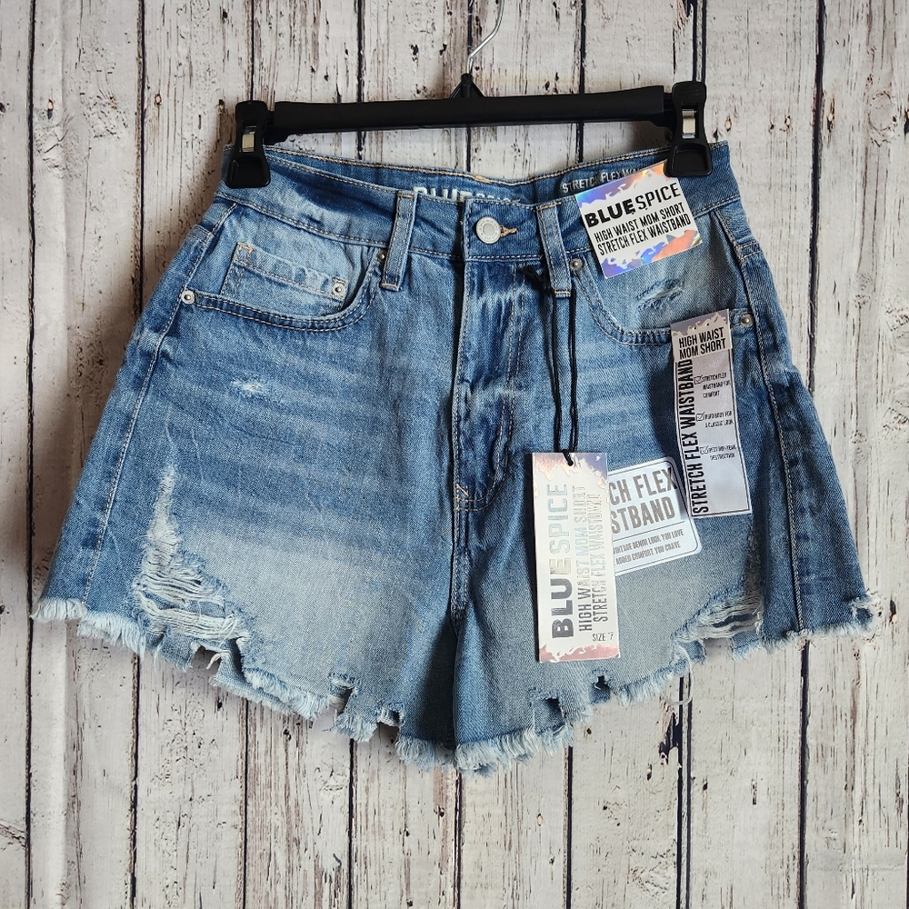 NWT Blue Spice High Waist Mom Shorts Stretch Flex Waistband Distressed - Size 7